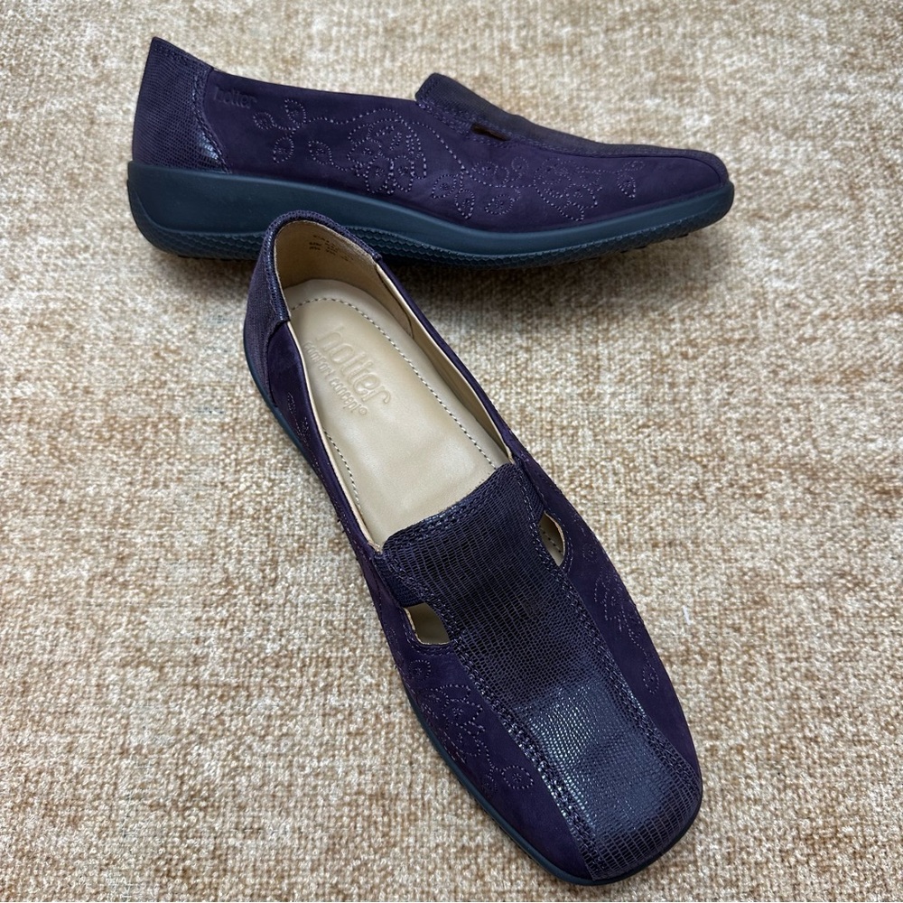 Hotter Calypso Purple Leather Embroidered Slip-on Loafer Shoes Women’s Size 7.5